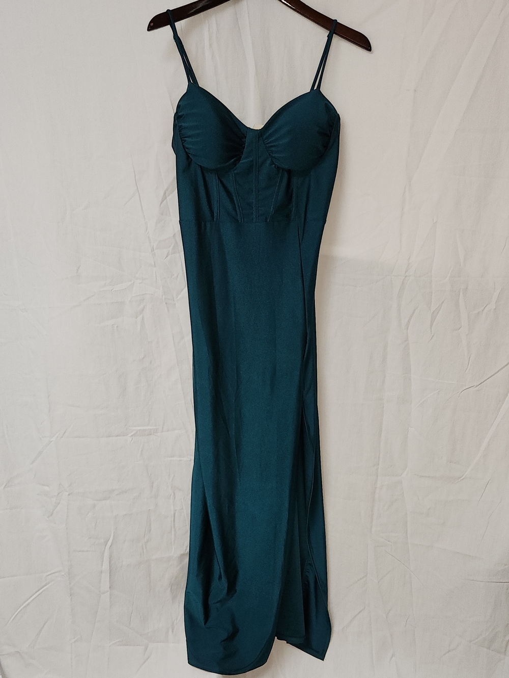 Satin Spaghetti-Strap Maxi Dress in Teal